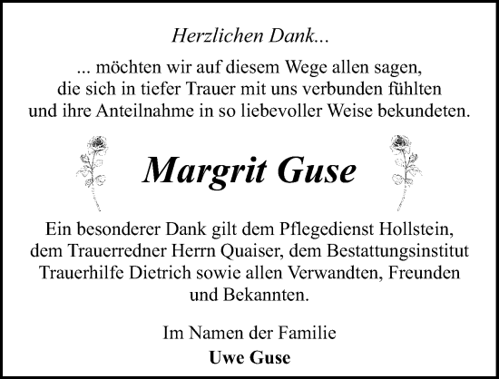Traueranzeige von Margrit Guse von Ostsee-Zeitung GmbH