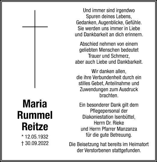 Traueranzeige von Maria Rummel Reitze von Aller Zeitung