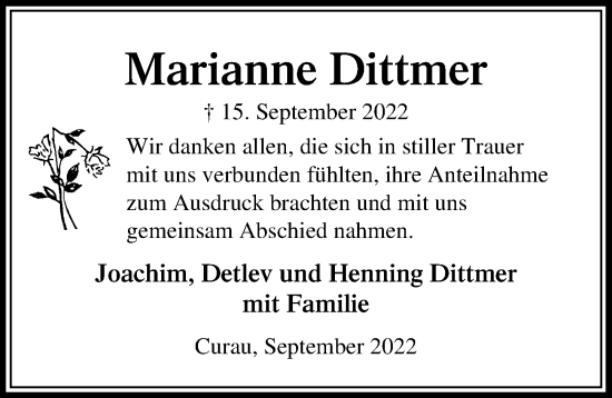 Traueranzeige von Marianne Dittmer von Lübecker Nachrichten