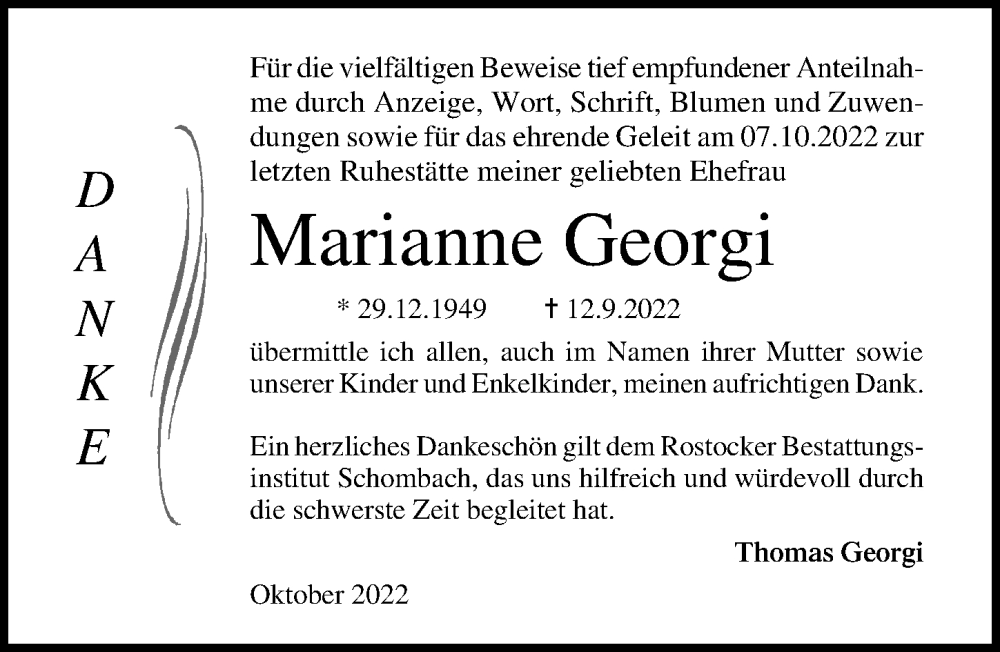  Traueranzeige für Marianne Georgi vom 15.10.2022 aus Ostsee-Zeitung GmbH
