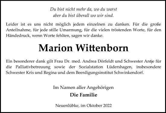 Traueranzeige von Marion Wittenborn von Ostsee-Zeitung GmbH