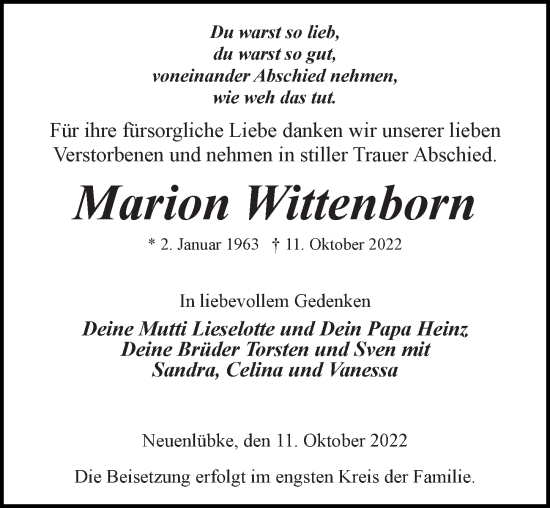 Traueranzeige von Marion Wittenborn von Ostsee-Zeitung GmbH