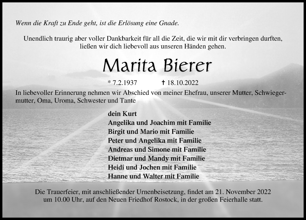  Traueranzeige für Marita Bierer vom 29.10.2022 aus Ostsee-Zeitung GmbH