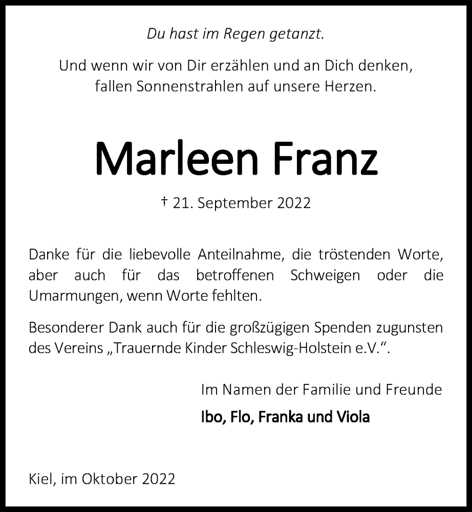  Traueranzeige für Marleen Franz vom 08.10.2022 aus Kieler Nachrichten