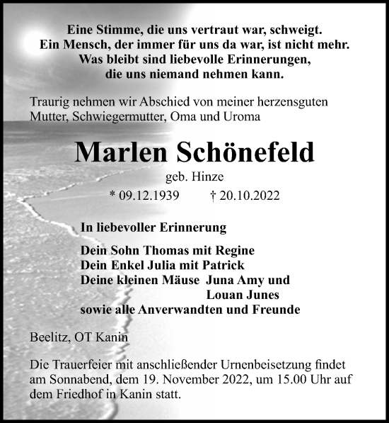 Traueranzeige von Marlen Schönefeld von Märkischen Allgemeine Zeitung