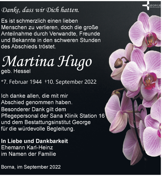 Traueranzeige von Martina Hugo von Leipziger Volkszeitung