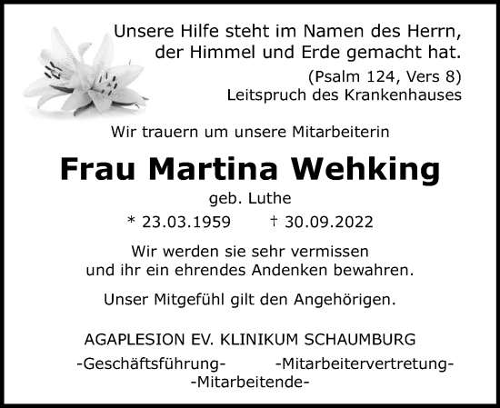 Traueranzeige von Martina Wehking von Schaumburger Nachrichten