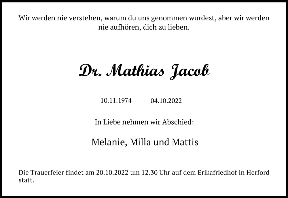  Traueranzeige für Mathias Jacob vom 12.10.2022 aus Göttinger Tageblatt