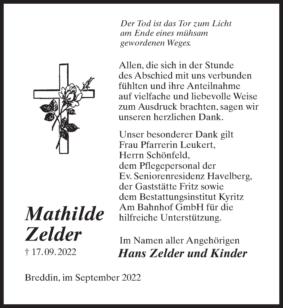  Traueranzeige für Mathilde Zelder vom 01.10.2022 aus Märkischen Allgemeine Zeitung