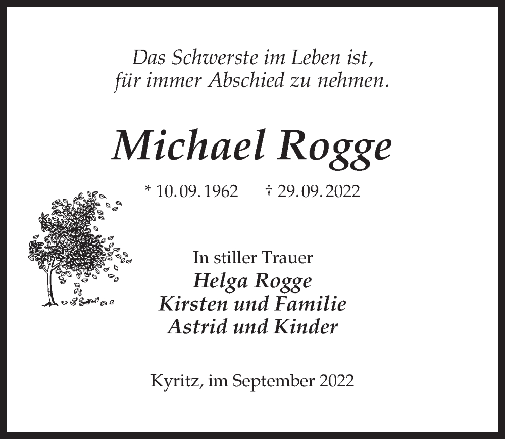  Traueranzeige für Michael Rogge vom 08.10.2022 aus Märkischen Allgemeine Zeitung