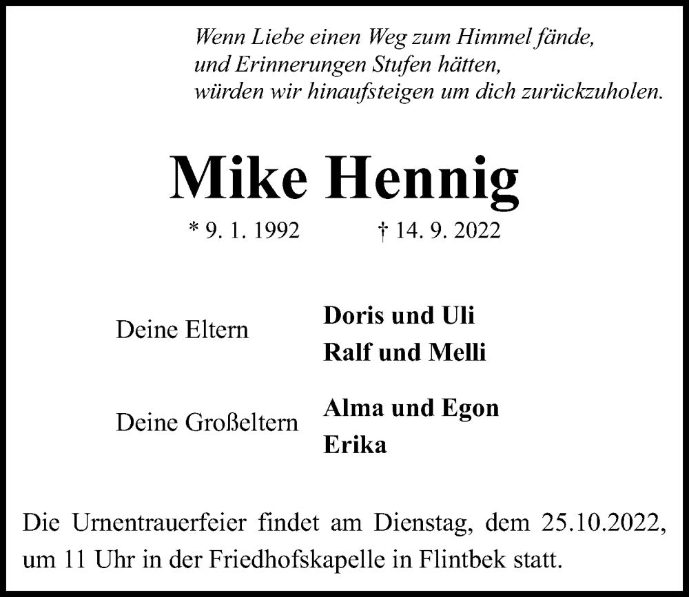  Traueranzeige für Mike Hennig vom 22.10.2022 aus Kieler Nachrichten