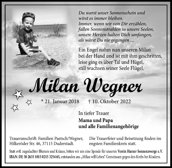 Traueranzeige von Milan Wegner von Göttinger Tageblatt