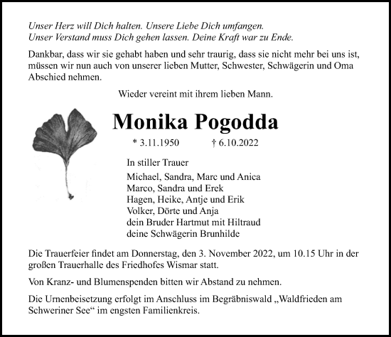 Traueranzeige von Monika Pogodda von Ostsee-Zeitung GmbH