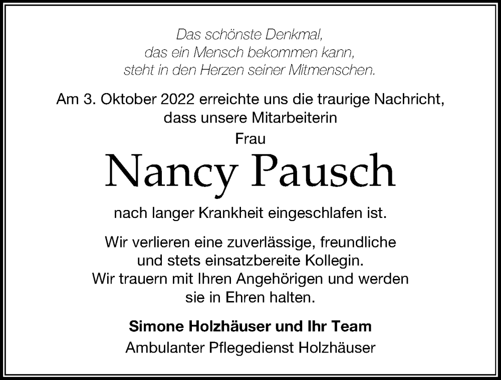  Traueranzeige für Nancy Pausch vom 29.10.2022 aus Leipziger Volkszeitung