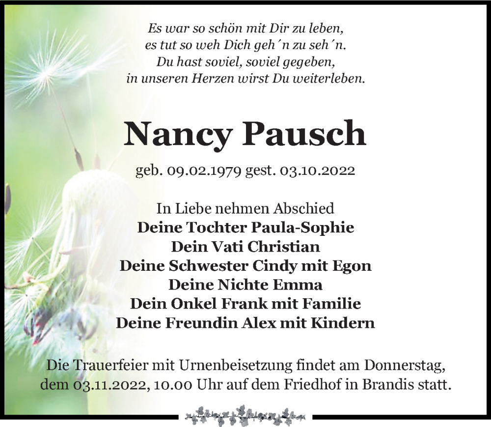  Traueranzeige für Nancy Pausch vom 15.10.2022 aus Leipziger Volkszeitung
