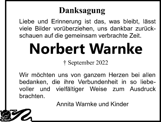 Traueranzeige von Norbert Warnke von Ostsee-Zeitung GmbH