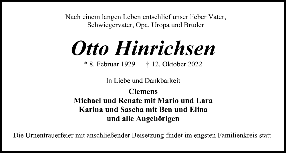  Traueranzeige für Otto Hinrichsen vom 15.10.2022 aus Kieler Nachrichten