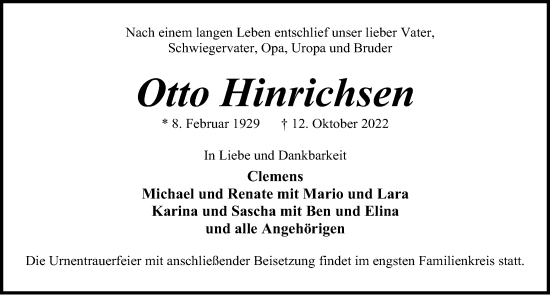 Traueranzeige von Otto Hinrichsen von Kieler Nachrichten