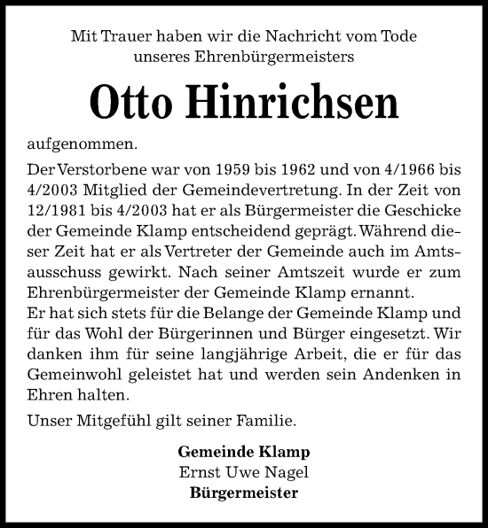 Traueranzeige von Otto Hinrichsen von Kieler Nachrichten