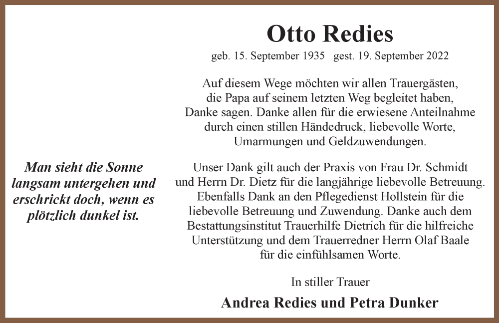  Traueranzeige für Otto Redies vom 08.10.2022 aus Ostsee-Zeitung GmbH