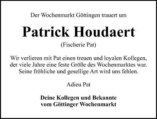 Traueranzeige von Patrick Houdaert von Göttinger Tageblatt