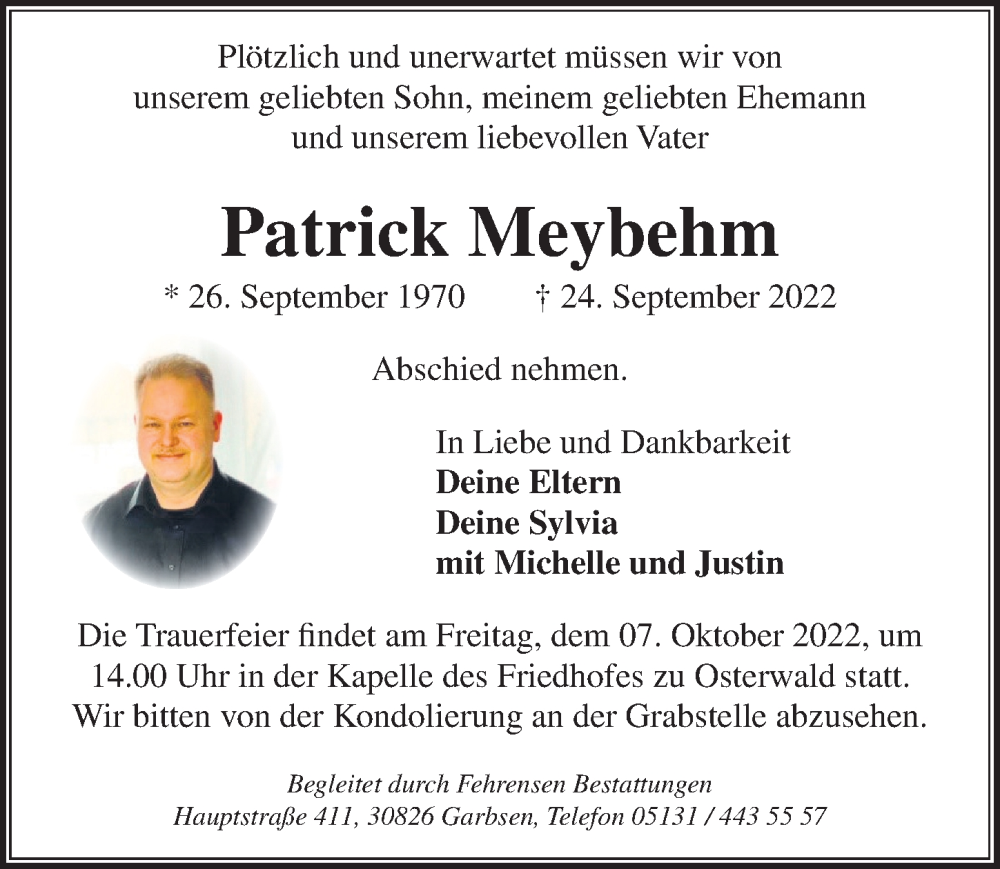  Traueranzeige für Patrick Meybehm vom 01.10.2022 aus Hannoversche Allgemeine Zeitung/Neue Presse