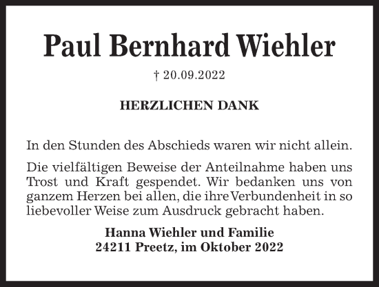 Traueranzeige von Paul Bernhard Wiehler von Kieler Nachrichten