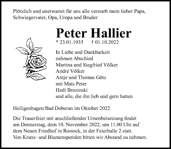 Traueranzeige von Peter Hallier von Ostsee-Zeitung GmbH