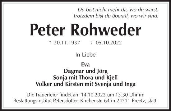 Traueranzeige von Peter Rohweder von Kieler Nachrichten