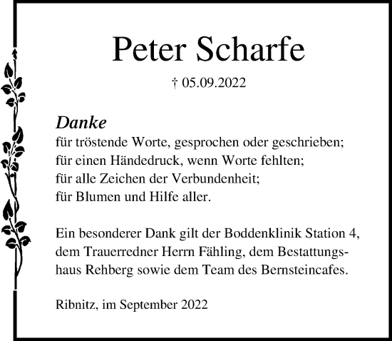 Traueranzeige von Peter Scharfe von Ostsee-Zeitung GmbH