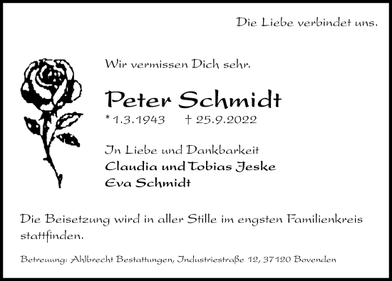 Traueranzeige von Peter Schmidt von Göttinger Tageblatt