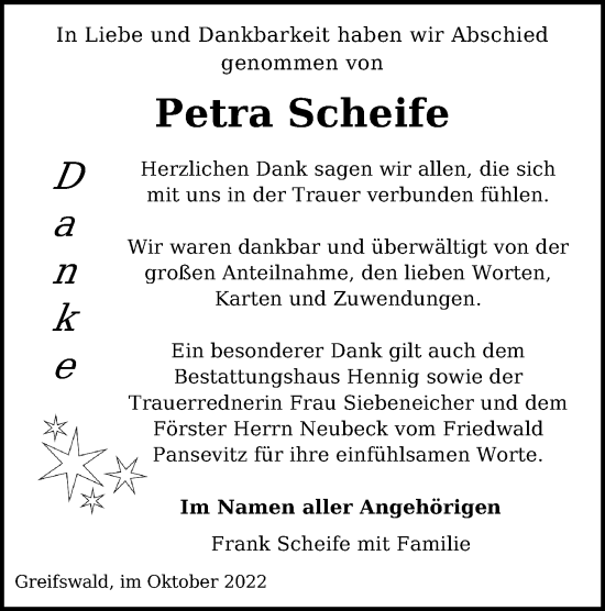 Traueranzeige von Petra Scheife von Ostsee-Zeitung GmbH