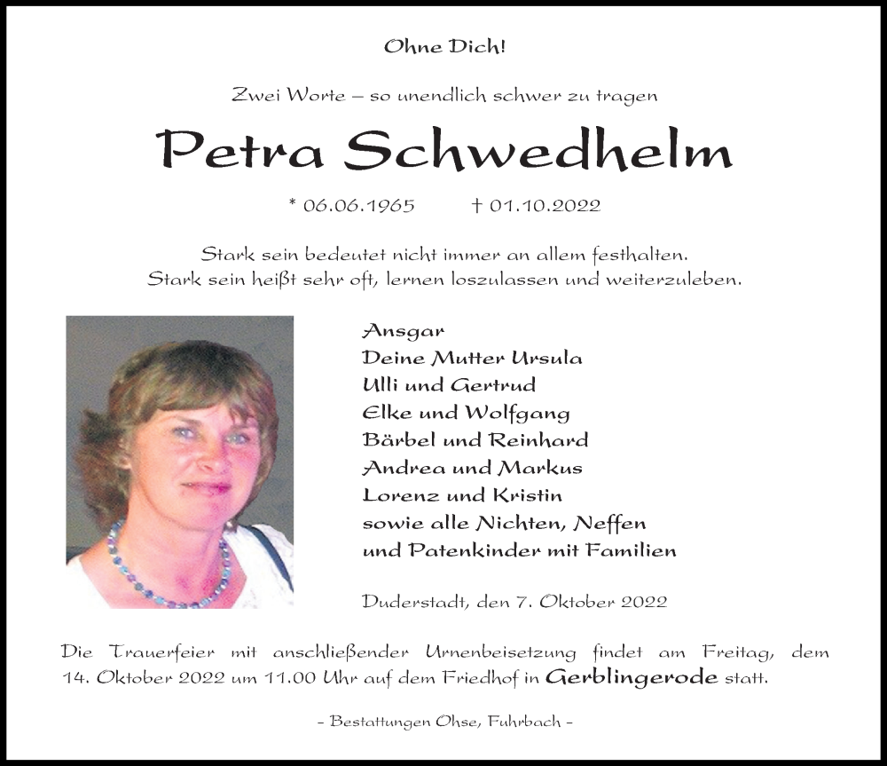  Traueranzeige für Petra Schwedhelm vom 08.10.2022 aus Eichsfelder Tageblatt