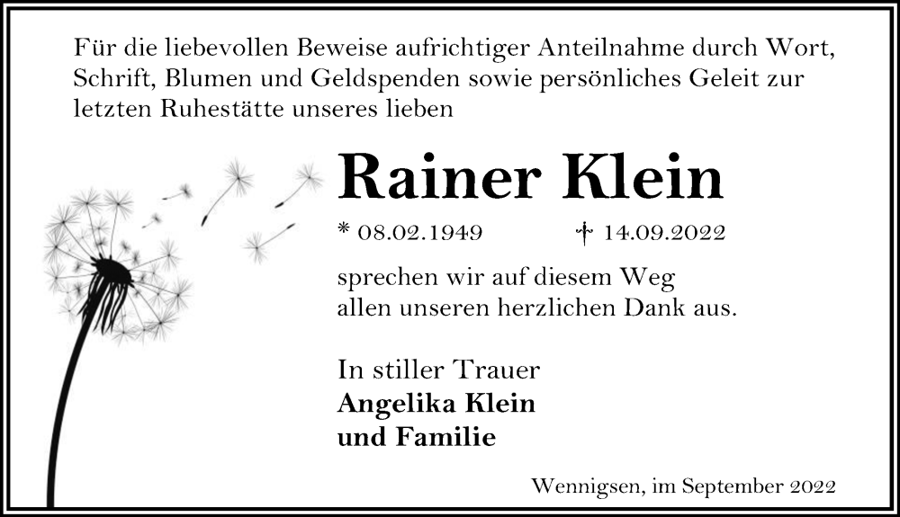  Traueranzeige für Rainer Klein vom 01.10.2022 aus Hannoversche Allgemeine Zeitung/Neue Presse