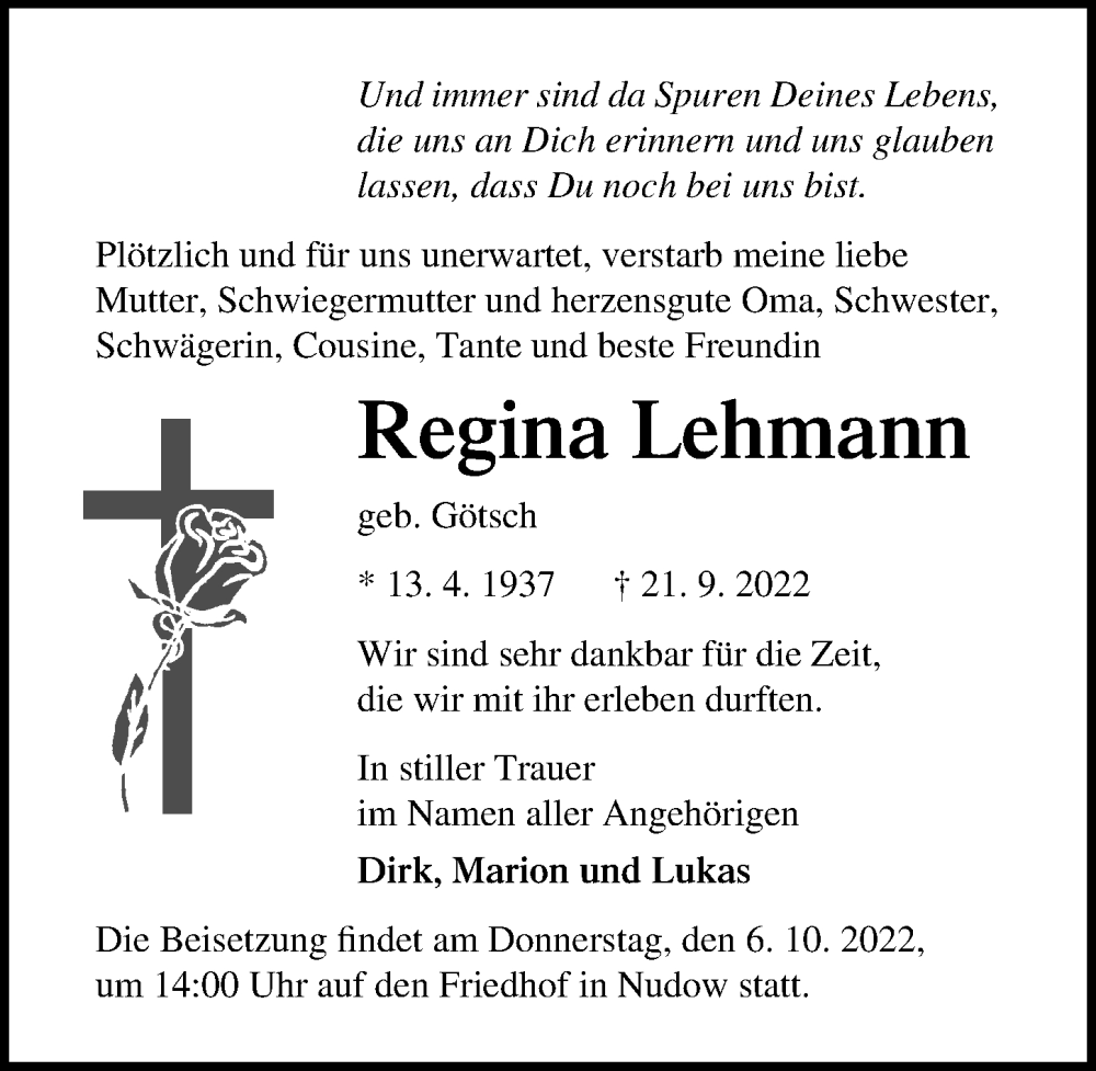  Traueranzeige für Regina Lehmann vom 01.10.2022 aus Märkischen Allgemeine Zeitung