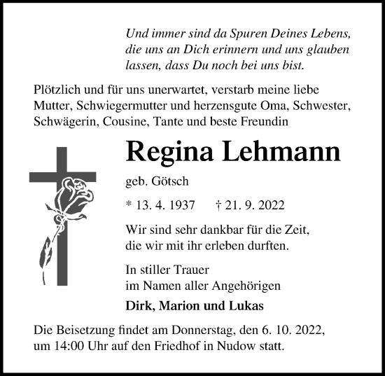 Traueranzeige von Regina Lehmann von Märkischen Allgemeine Zeitung