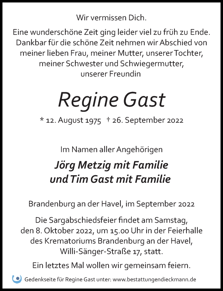  Traueranzeige für Regine Gast vom 01.10.2022 aus Märkischen Allgemeine Zeitung