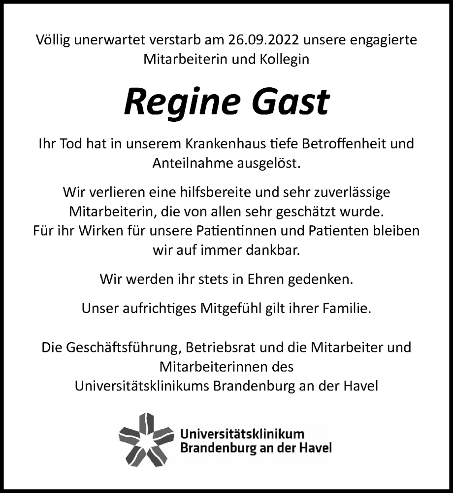  Traueranzeige für Regine Gast vom 15.10.2022 aus Märkischen Allgemeine Zeitung