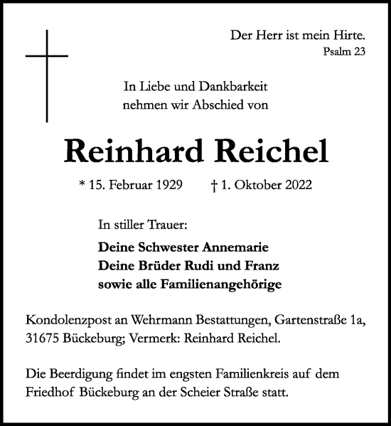 Traueranzeige von Reinhard Reichel von Schaumburger Nachrichten