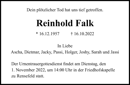 Traueranzeige von Reinhold Falk von Lübecker Nachrichten