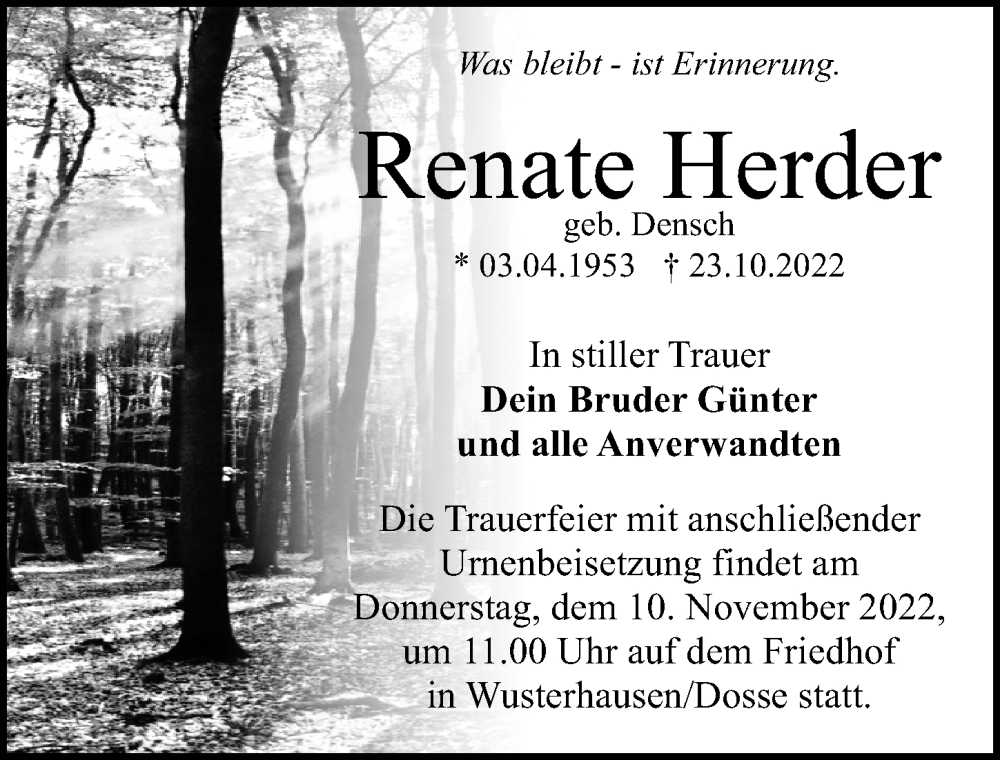  Traueranzeige für Renate Herder vom 29.10.2022 aus Märkischen Allgemeine Zeitung