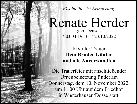 Traueranzeige von Renate Herder von Märkischen Allgemeine Zeitung