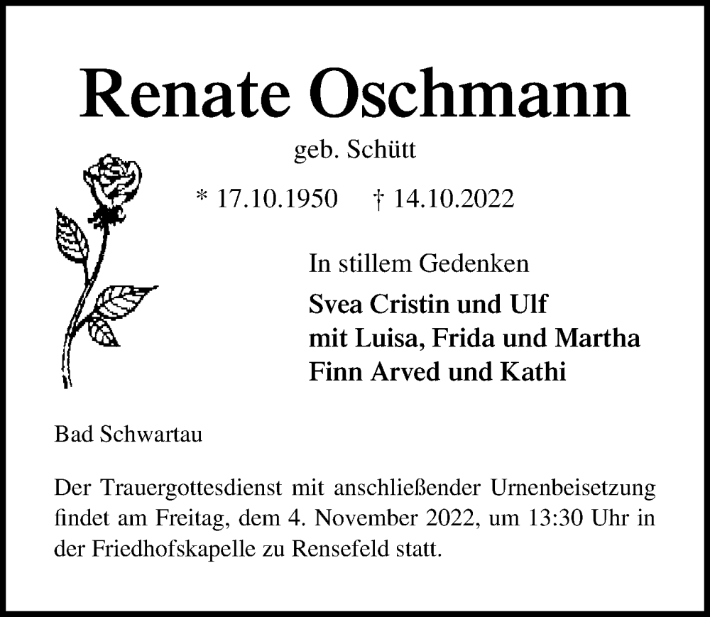  Traueranzeige für Renate Oschmann vom 30.10.2022 aus Lübecker Nachrichten