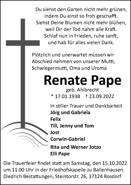 Traueranzeige von Renate Pape von Göttinger Tageblatt