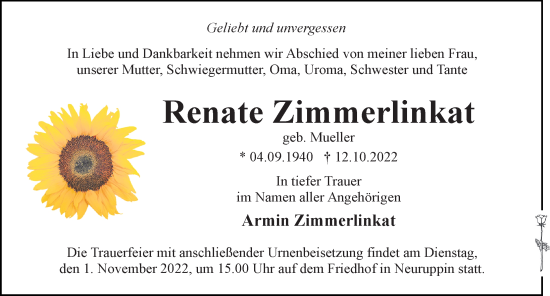 Traueranzeige von Renate Zimmerlinkat von Märkischen Allgemeine Zeitung