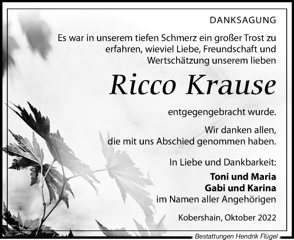  Traueranzeige für Ricco Krause vom 15.10.2022 aus Leipziger Volkszeitung