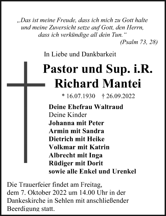 Traueranzeige von Richard Mantei von Ostsee-Zeitung GmbH