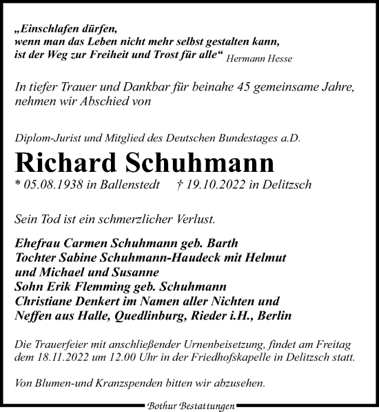 Traueranzeige von Richard Schuhmann von Leipziger Volkszeitung