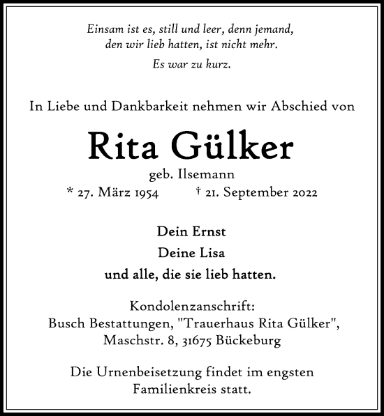 Traueranzeige von Rita Gülker von Hannoversche Allgemeine Zeitung/Neue Presse