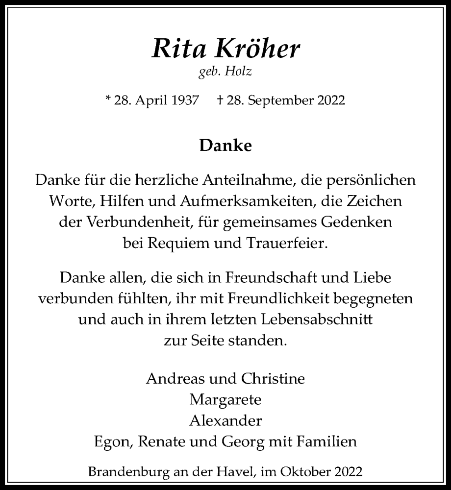  Traueranzeige für Rita Kröher vom 29.10.2022 aus Märkischen Allgemeine Zeitung